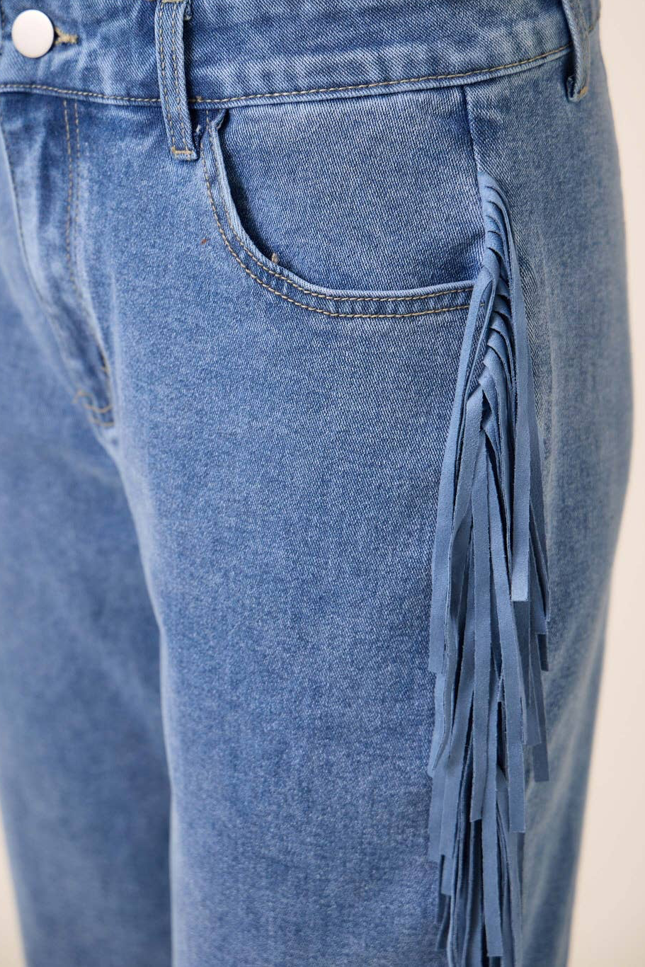IP3504 High Waisted Fringed Stretch Denim Pants