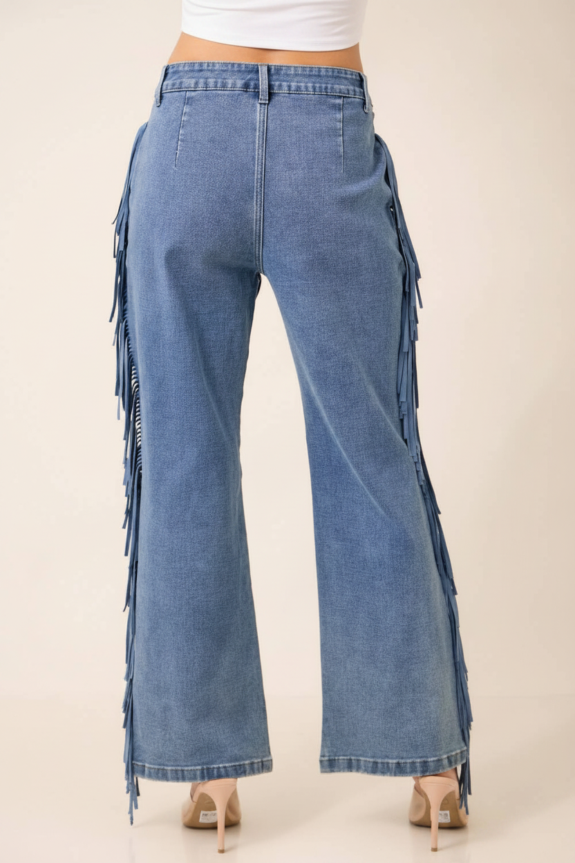 IP3504 High Waisted Fringed Stretch Denim Pants