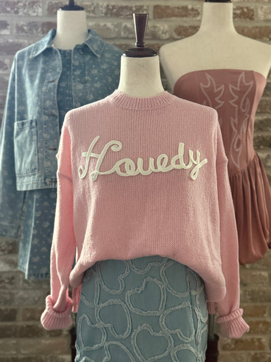 "HOWDY" Puff Embroidered Knit Sweater
