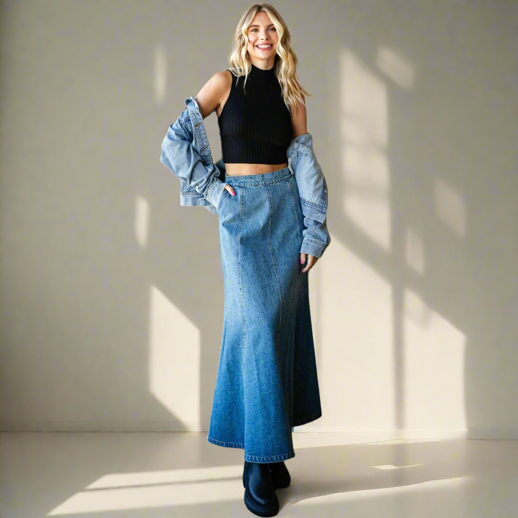 THE KAREN A-line Flare Paneled Denim Skirt