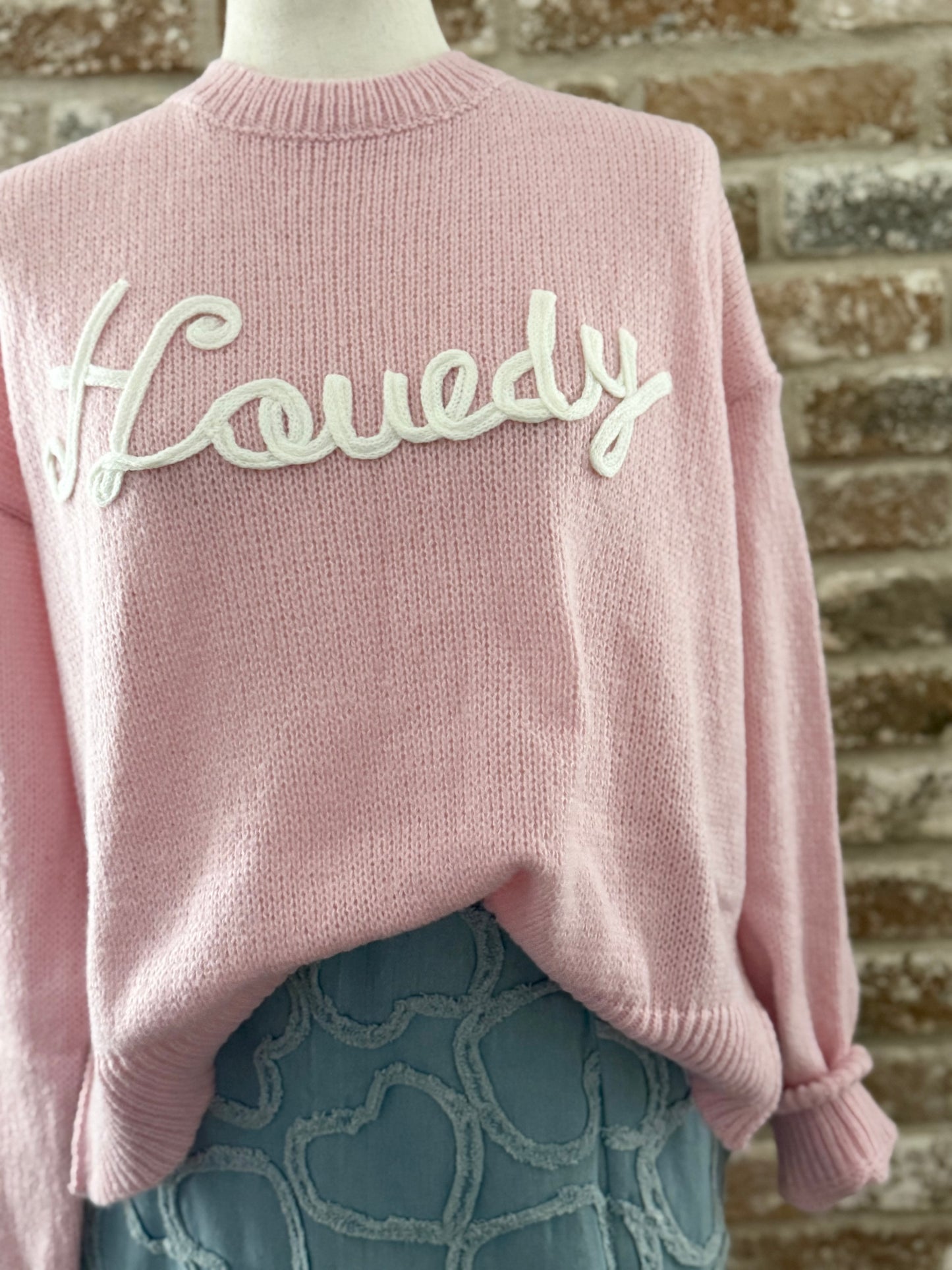 "HOWDY" Puff Embroidered Knit Sweater