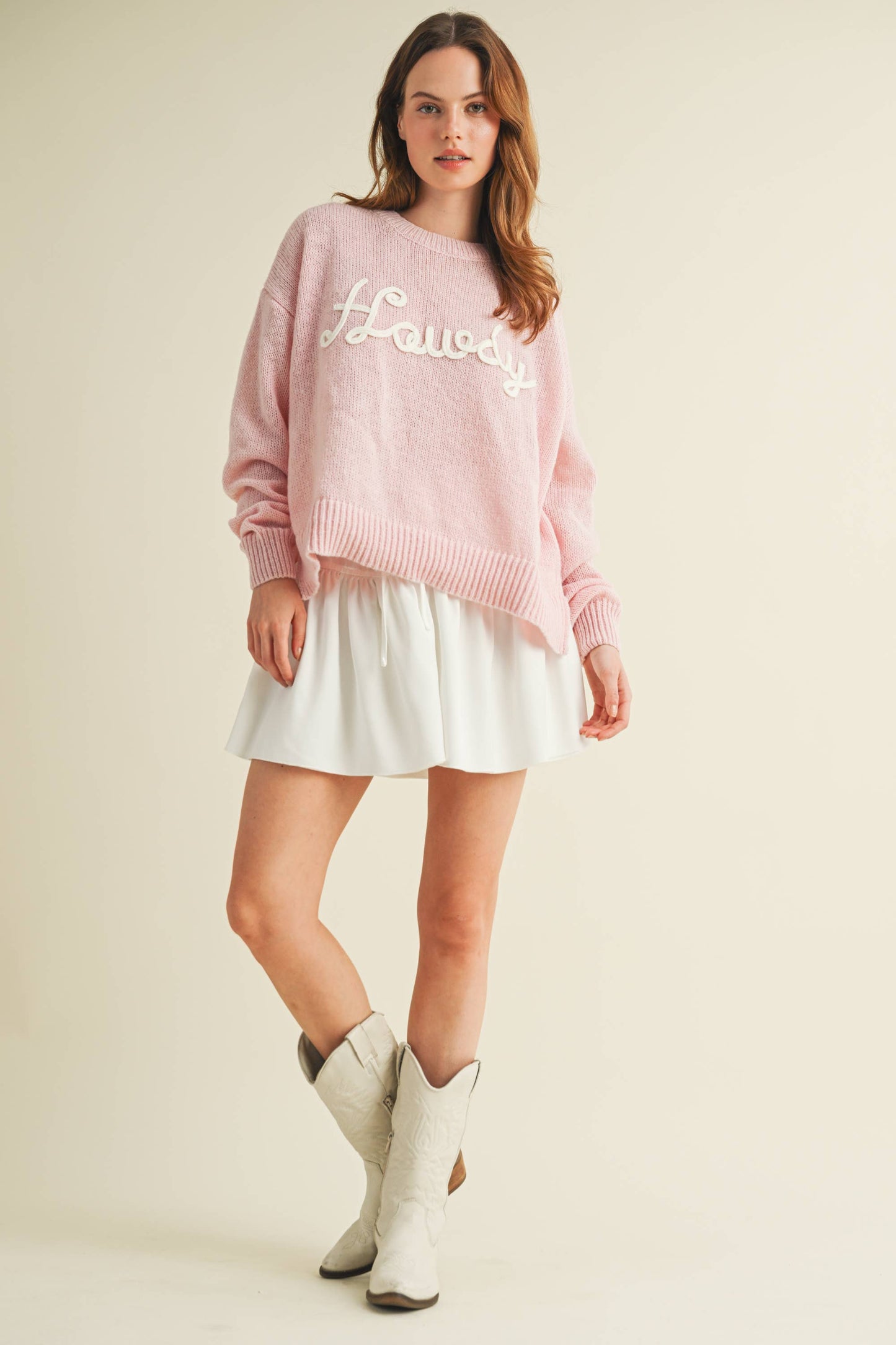 "HOWDY" Puff Embroidered Knit Sweater