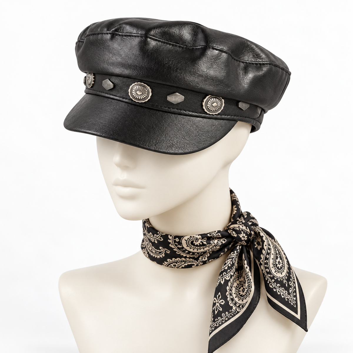 Vegan Leather Concho Newsboy Cabbie Hat