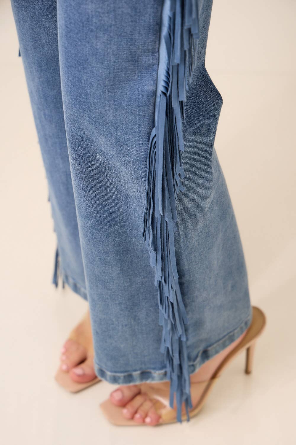 IP3504 High Waisted Fringed Stretch Denim Pants